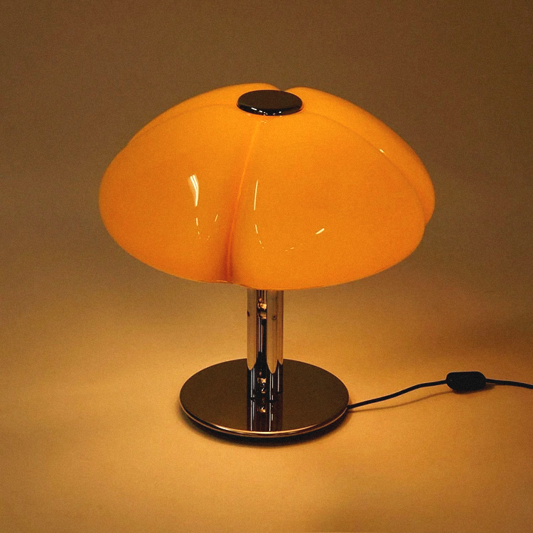 Retro glass pumpkin shaped table lamp in an orange lampshade