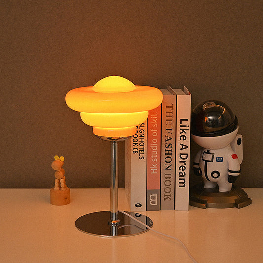 UFO shaped glass bauhaus, mid-century, retro themed night lamp with light temperature control and optional colours coming in orange, white, cream and pink