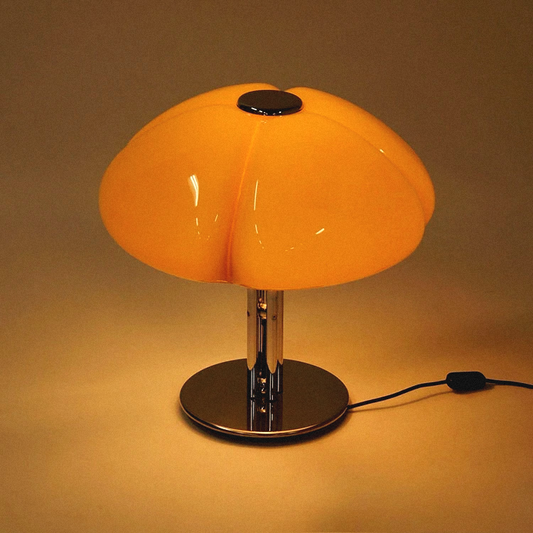 Retro glass pumpkin shaped table lamp in an orange lampshade